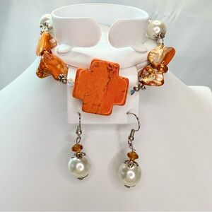 Orange Stone Cross Bracelet w/Pearls, Shells,Crystals & Matching Earrings